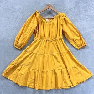 Rachel‎ Parcell Midi Ruffle Dress 00 Yellow Pockets Puff Long Sleeve Boho